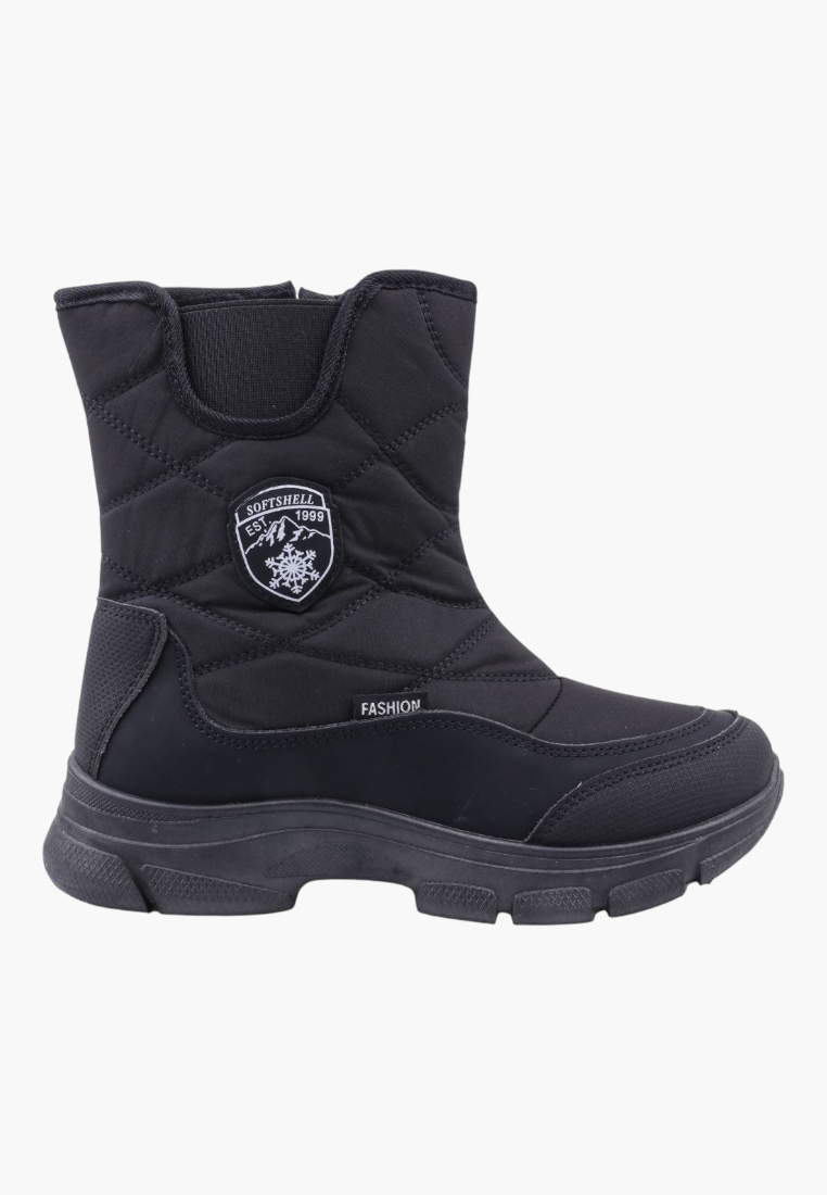 Falio black quilted softshell snow boots for women with side zipper, thick sole, and decorative mountain emblem.