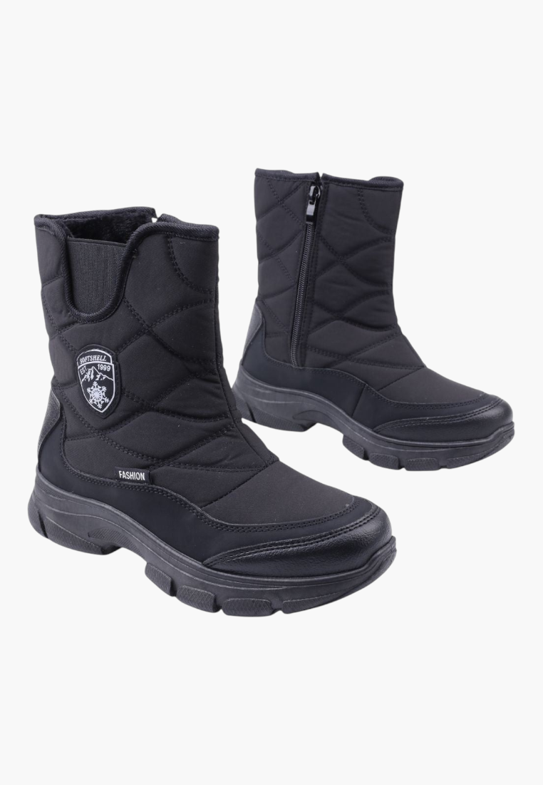 Falio black quilted softshell snow boots for women with side zipper, round toe, and thick insulated sole.