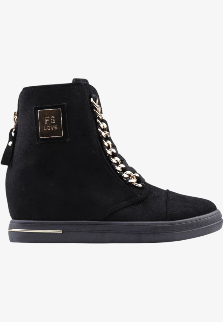 Falio black faux suede wedge sneakers with gold chain detail and side zipper, urban style ankle boots.