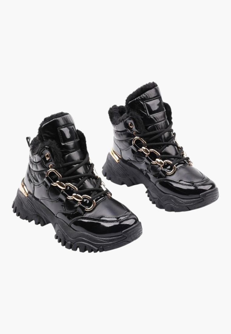 Falio black patent faux leather ankle sneakers with chain detail, lace-up front, and warm lining.