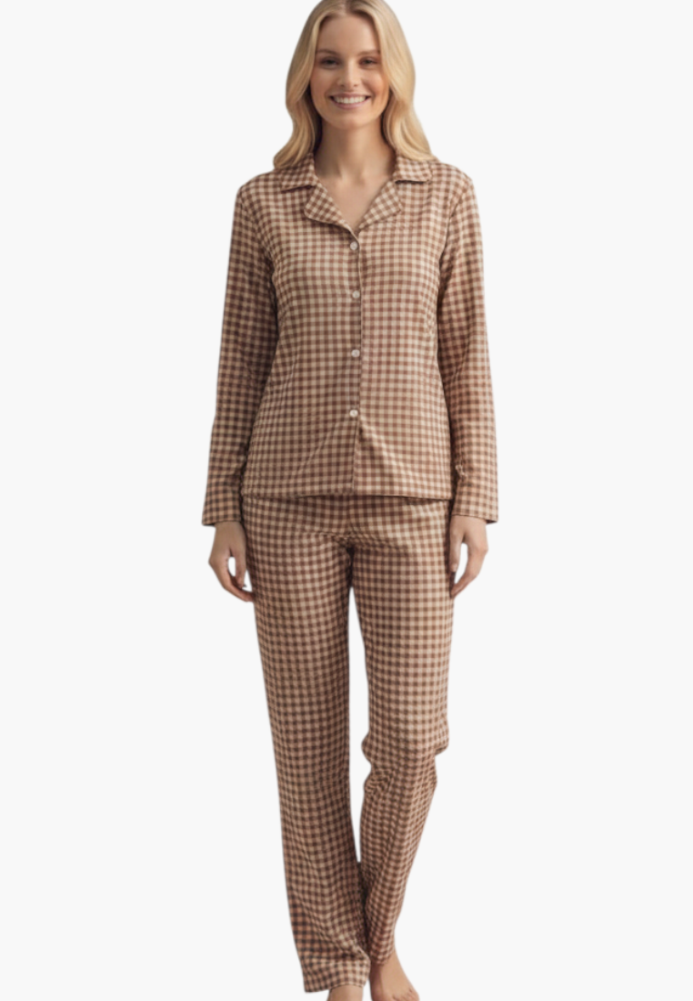 Falio women's warm cotton pajama set in brown and white gingham check with button-down shirt and long trousers.