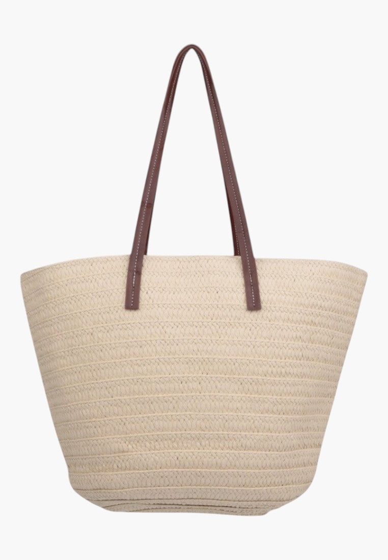 Back view of the beżowa torebka shopper z długimi paskami i gładkim tyłem.