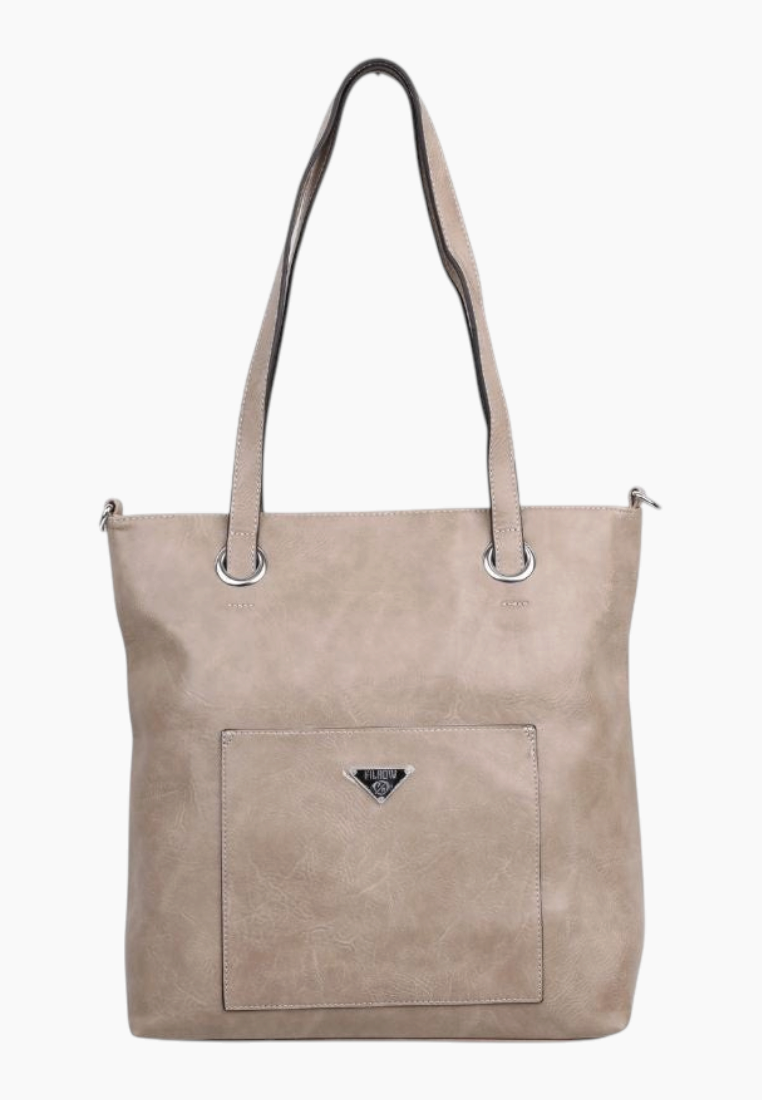 Front view of a beige tote bag featuring two shoulder straps and a front pocket.