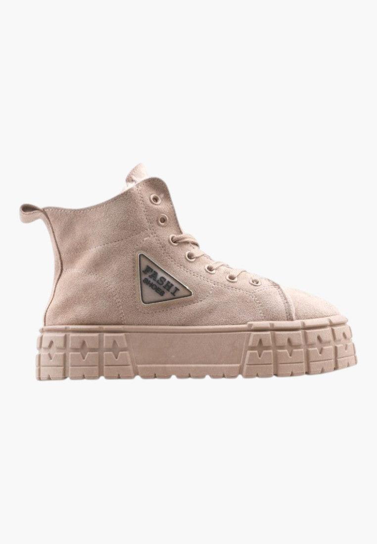Side view of beige ankle boots featuring a high-top design and logo detail