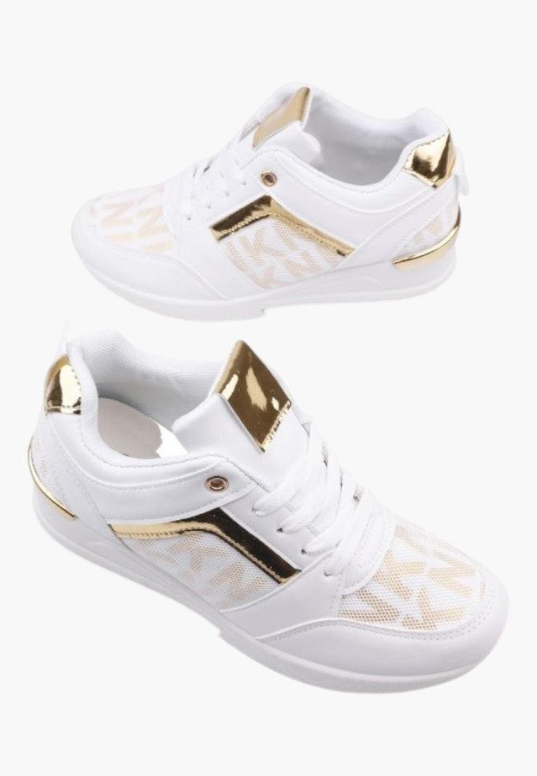 Stylish white and gold high-top sneakers in a lifestyle setting