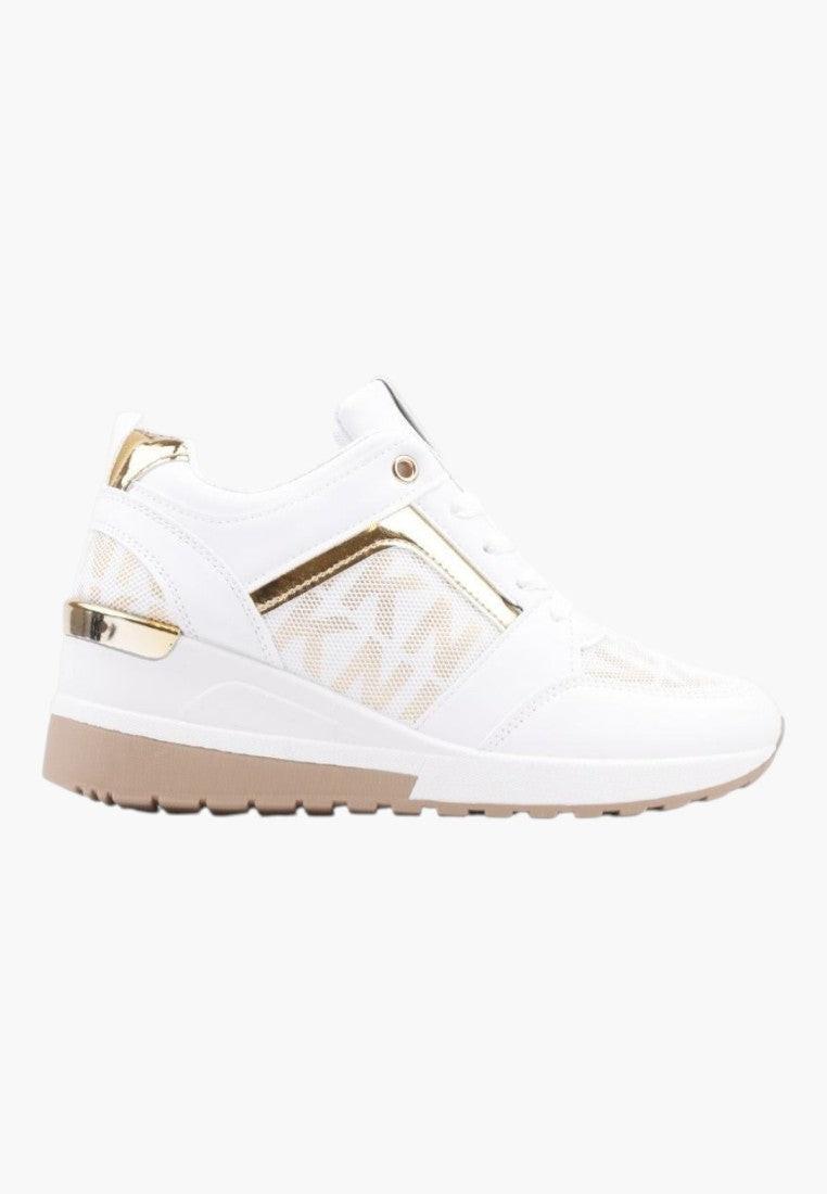 Side view of white and gold sneakers featuring a zipper closure