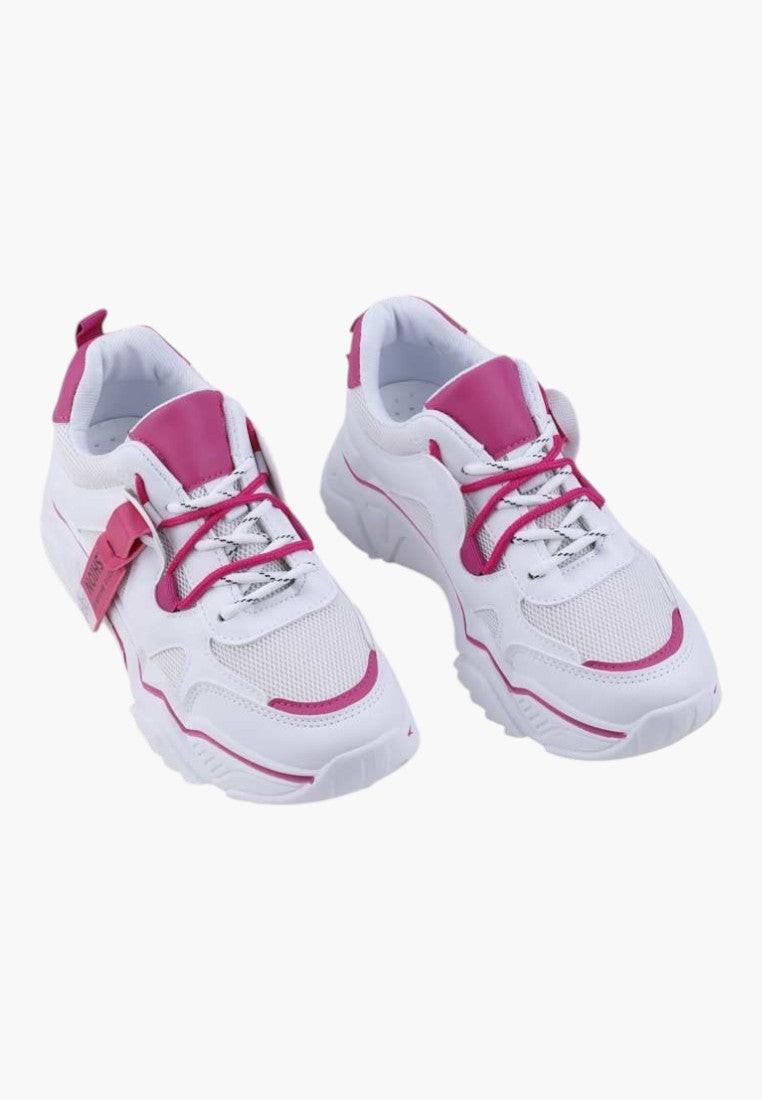 Biało różowe sneakersy z wyściełanym kołnierzem, widok z przodu