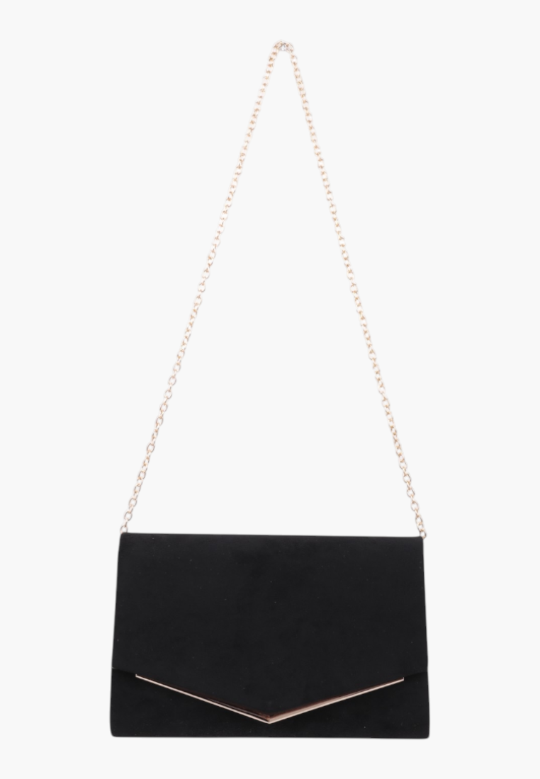 Front view of the black faux leather clutch with a gold chain strap and magnetic closure.