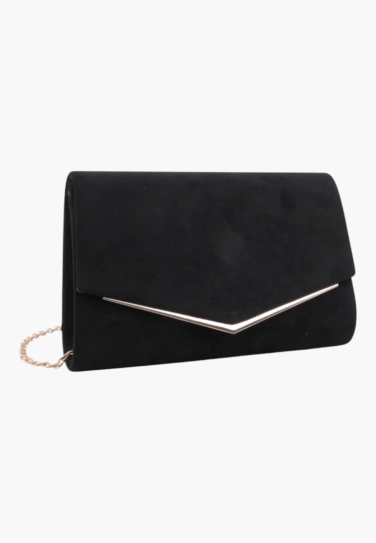 Front view of the black envelope-style clutch with gold hardware on a white background.
