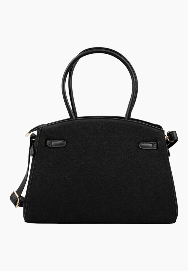 Back view of the black handbag with an adjustable strap and smooth finish.