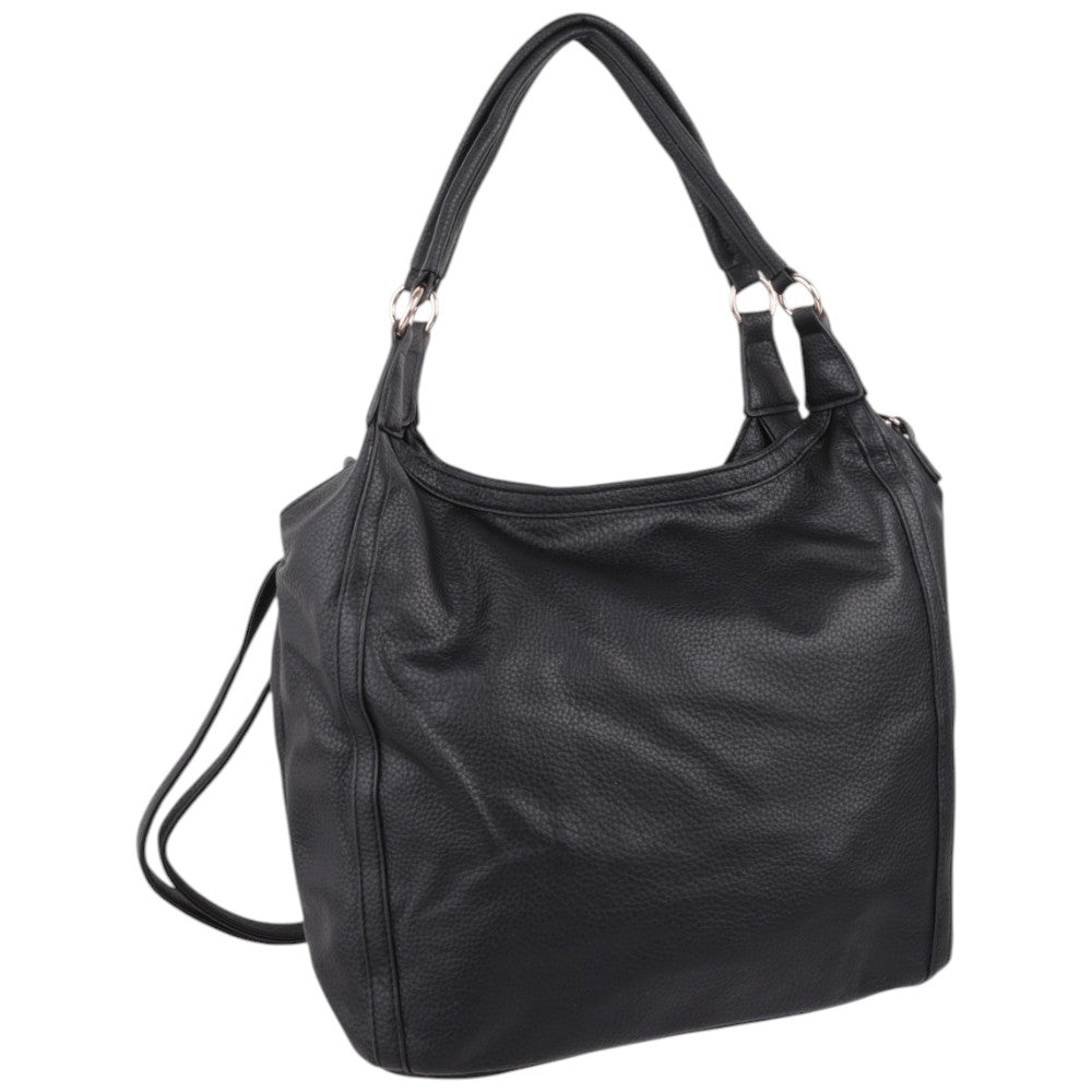 Close-up detail of the black handbag featuring gold hardware on a white background