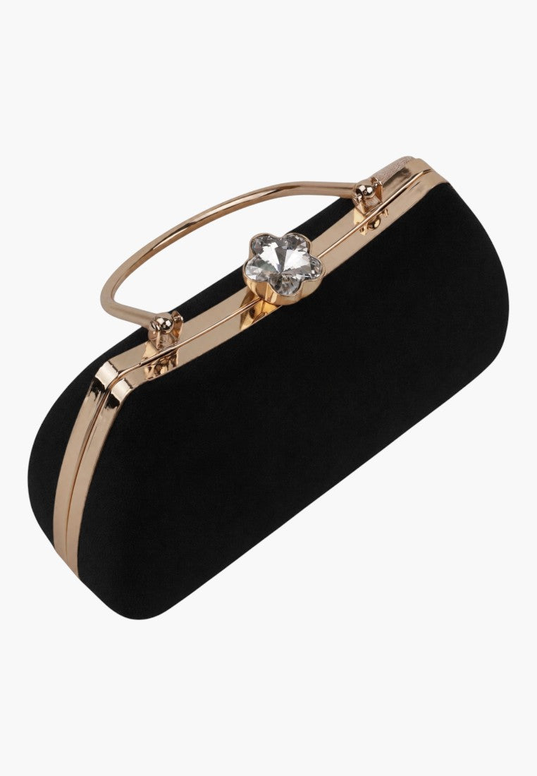 Side view of a black handbag featuring a gold zipper on a white background
