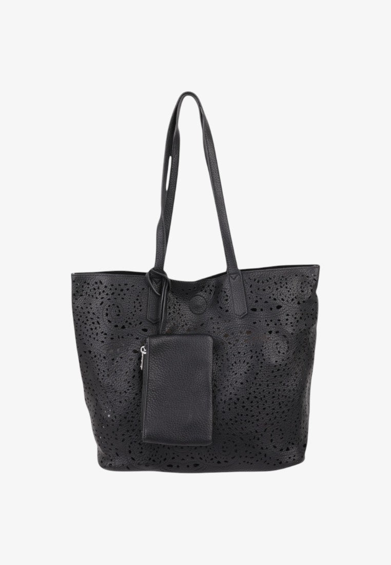 Front view of a black tote bag with two handles and a front pocket on a white background.
