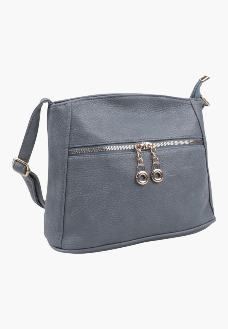 Front view of a blue handbag with zipper closure and gold hardware on a white background.