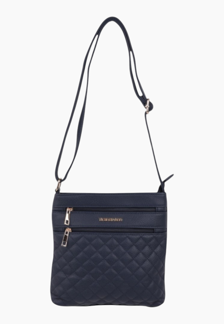 Front view of the navy handbag with an adjustable strap and front zipper.