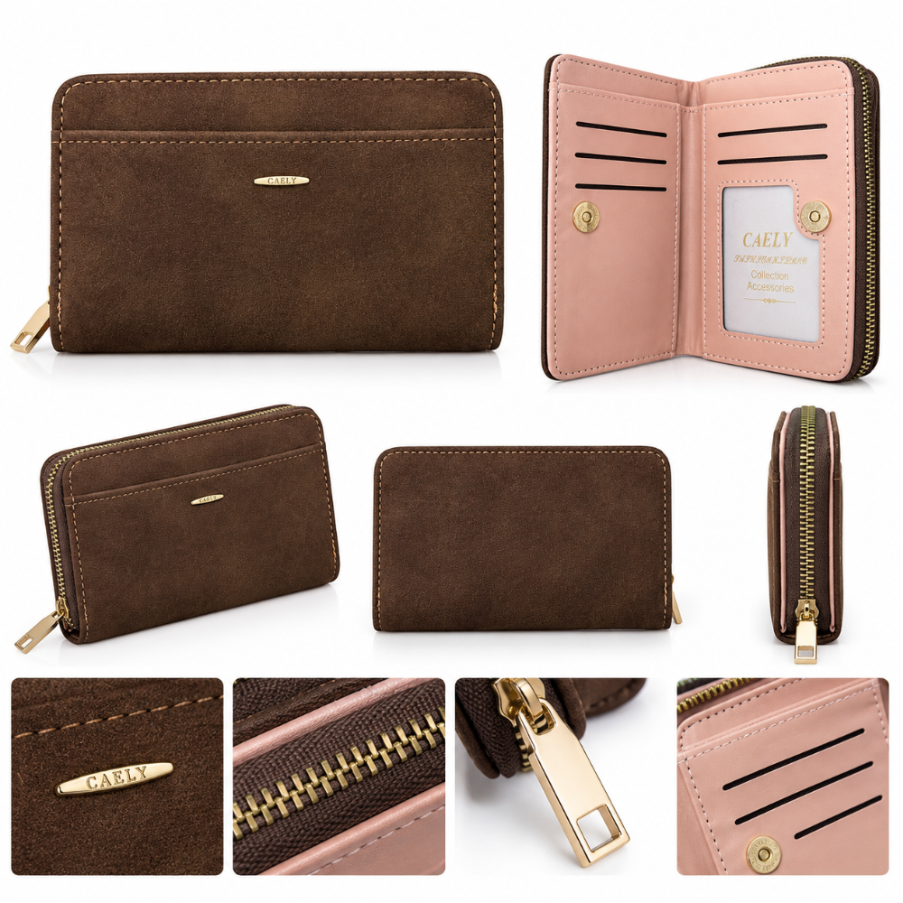 Detail close-up of the brown wallet showing zipper closure and multiple card slots.