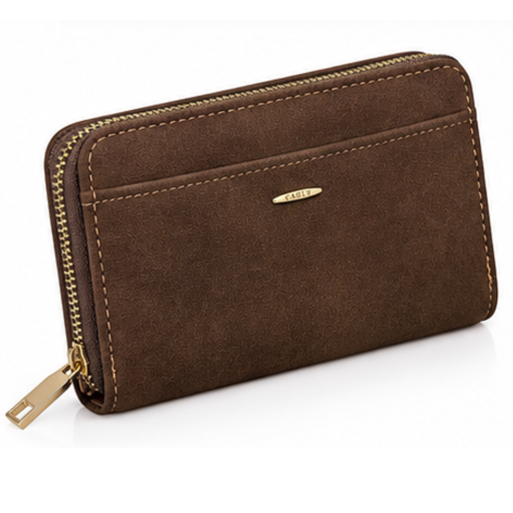Front view of the brown wallet featuring a zipper closure and gold hardware.