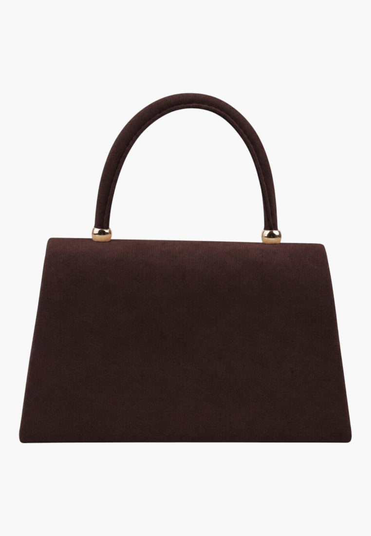 Back view of a brown handbag featuring a simple design and top handle on a white background.
