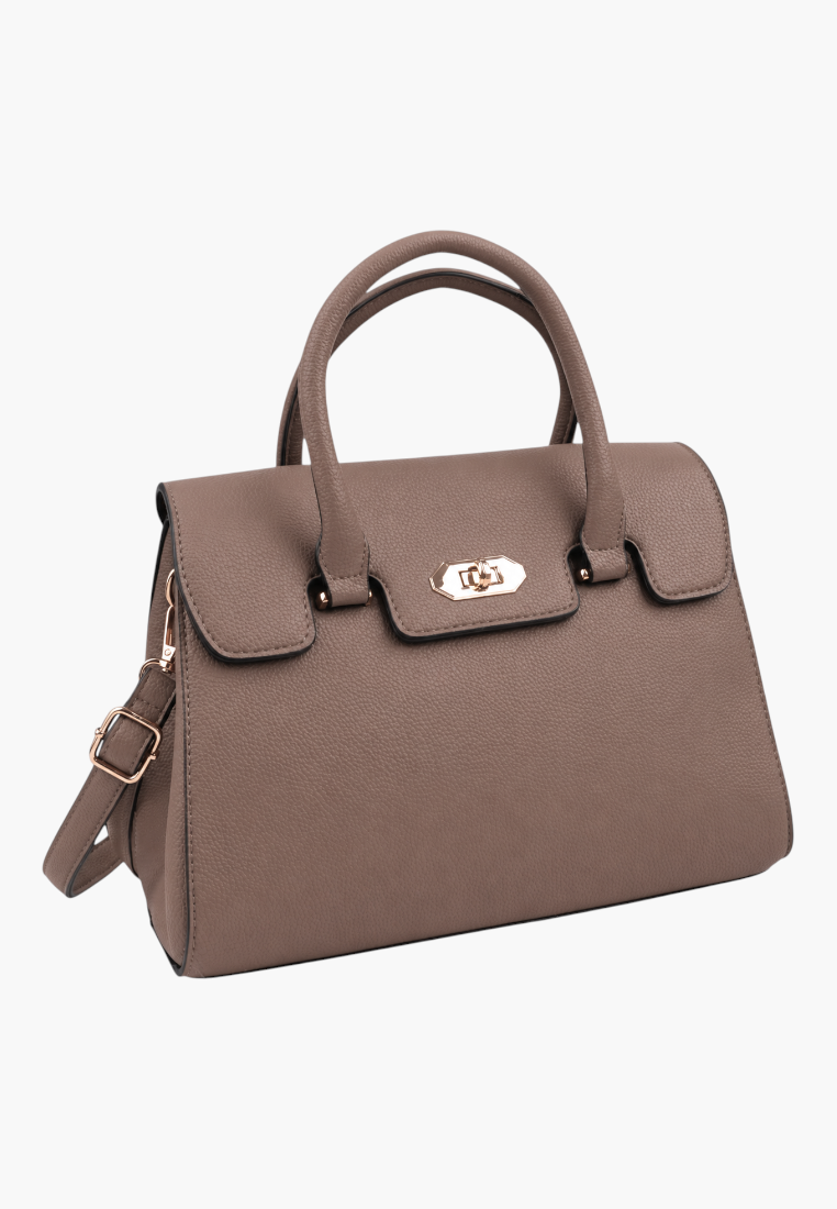 Front view of a brown handbag with top handles and flap closure on a white background.