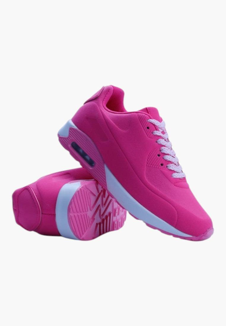 Różowe buty sportowe damskie, widok z boku z białą podeszwą