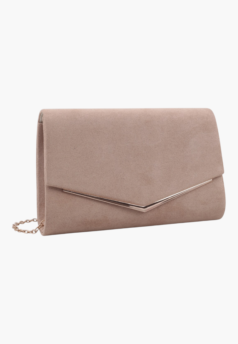Front view of a camel faux suede envelope clutch with gold trim.