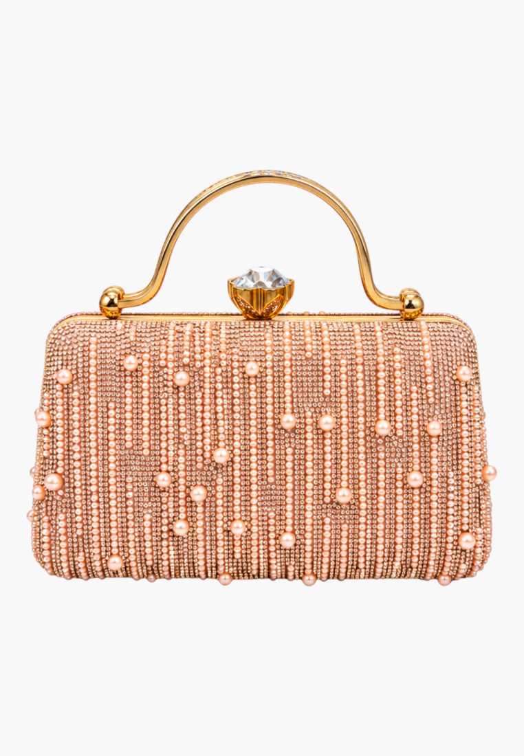 Front view of the wielokolorowa kopertówka wizytowa with beaded texture and gold handle.