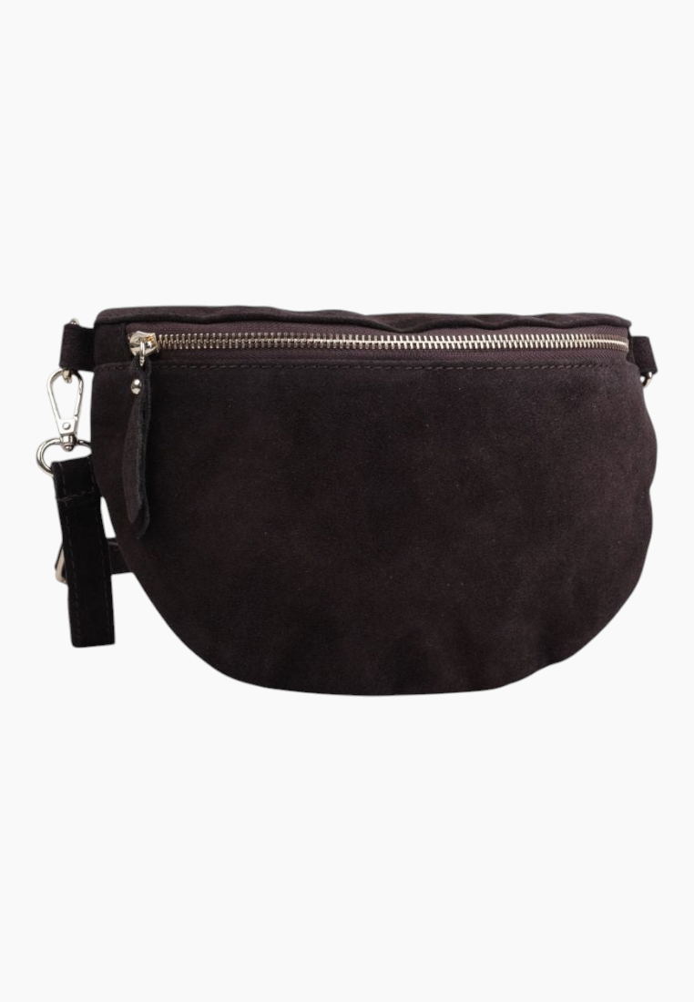 Front view of the black suede handbag with zipper closure on a white background.