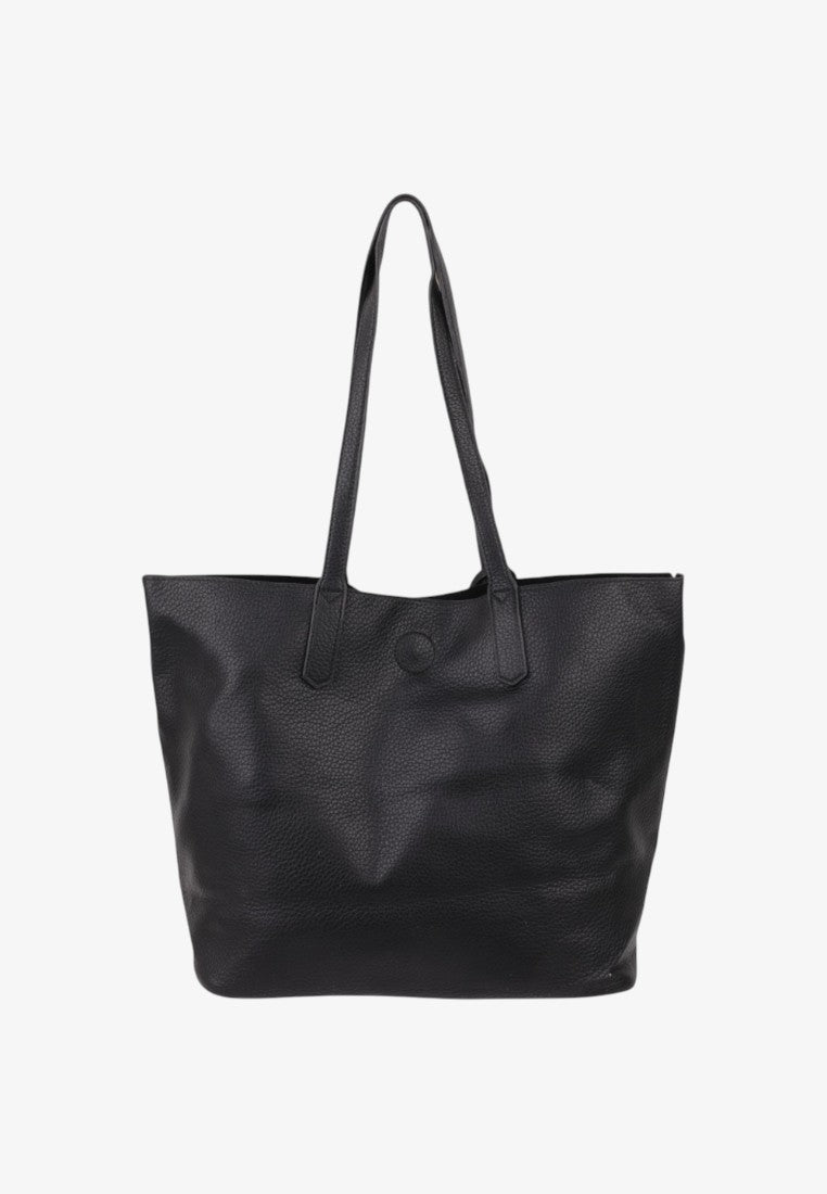 Front view of a spacious black tote bag showcasing its design.
