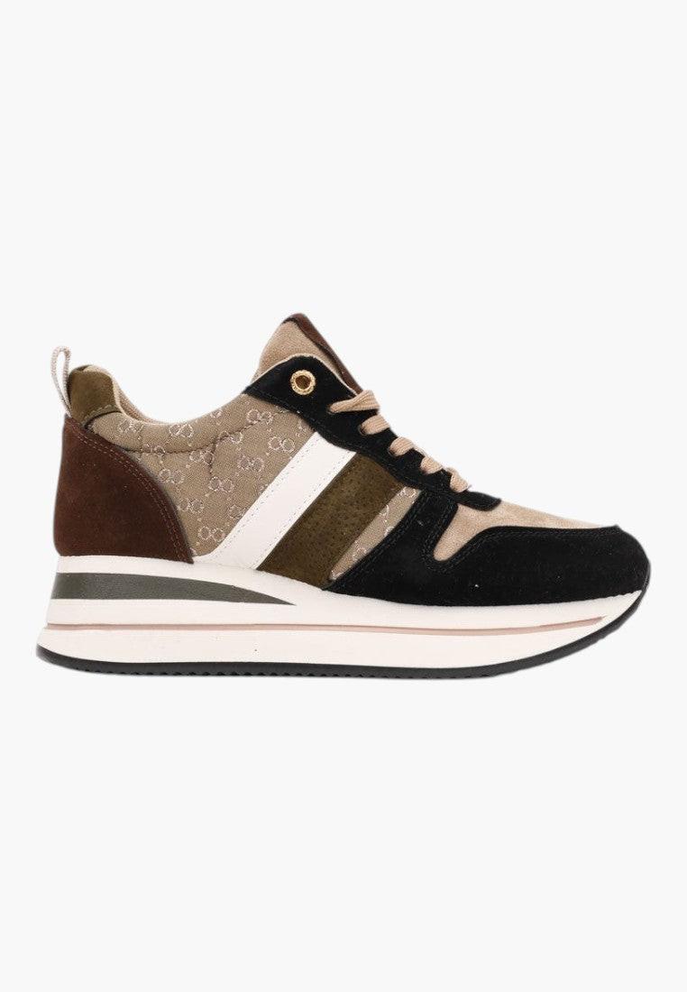 Czarno-Khaki sneakersy damskie z okrągłym noskiem, widok z boku.