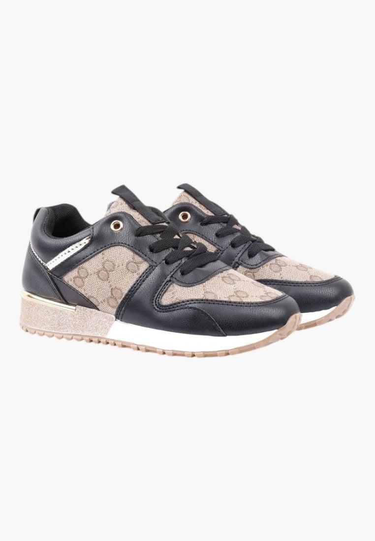 Czarno złote sneakersy damskie z boku, z wiązaniem