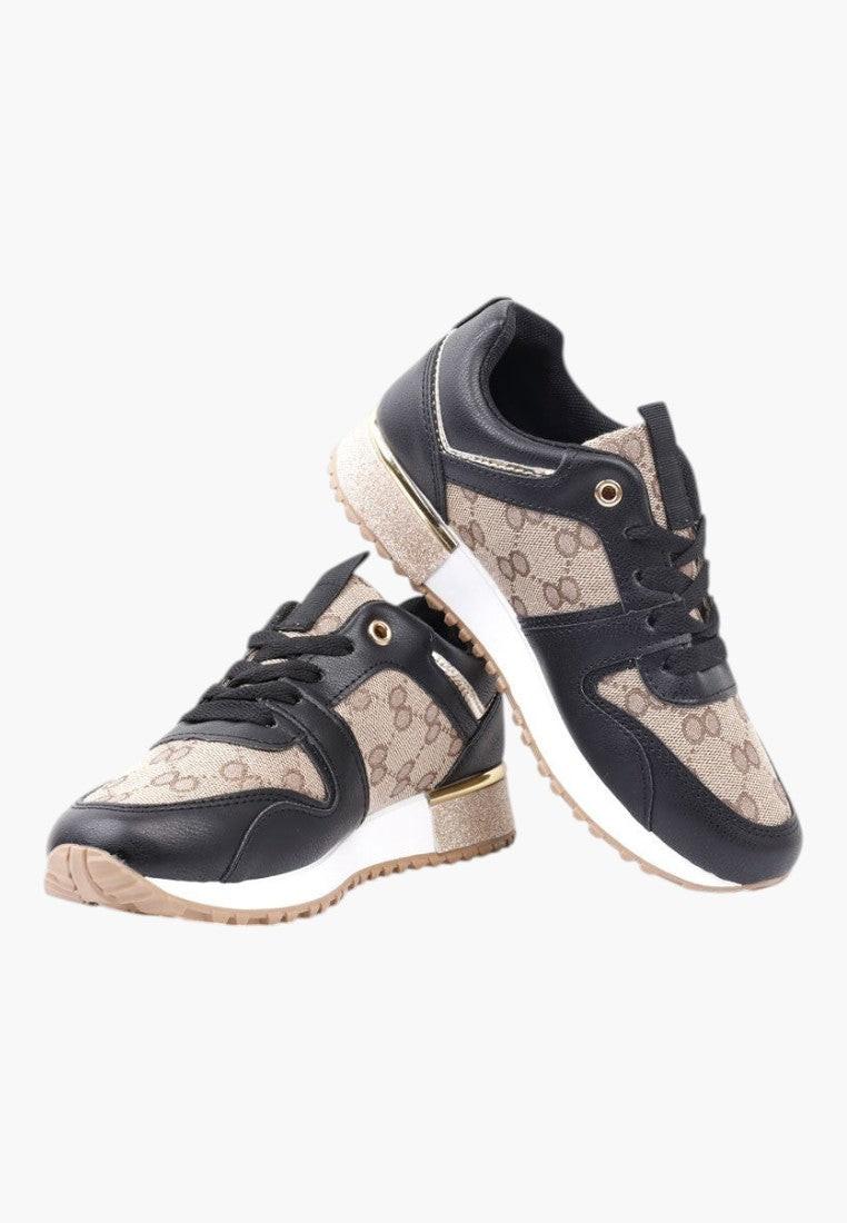 Sneakersy damskie w stylu lifestyle, czarno-beżowe, z białym tłem