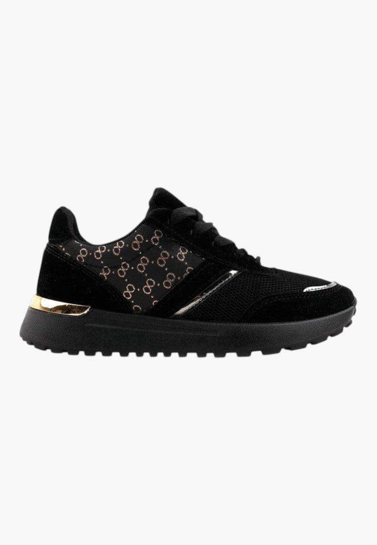 Czarno-złote sneakersy damskie z zamszu, widok z boku.