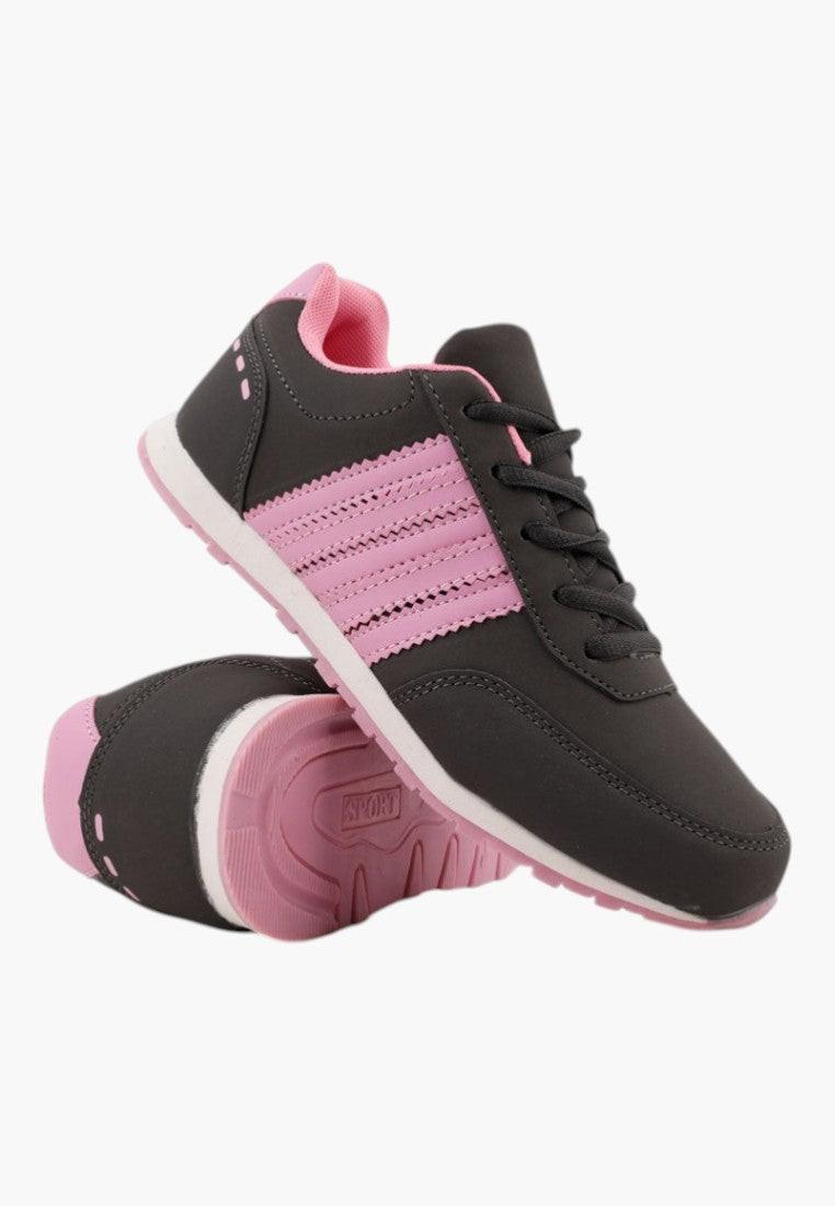 Damskie buty sportowe w szaro-różowym kolorze, widok z boku z paskami.