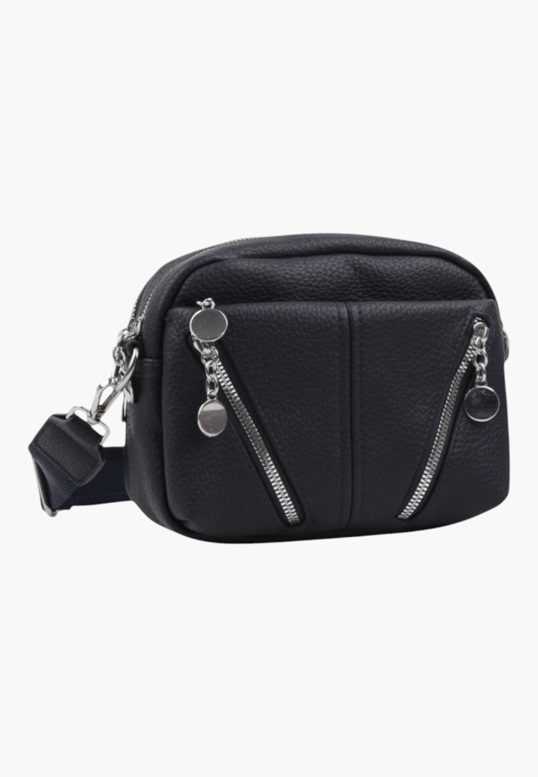 Front view of a black crossbody bag with zipper pockets on a white background.