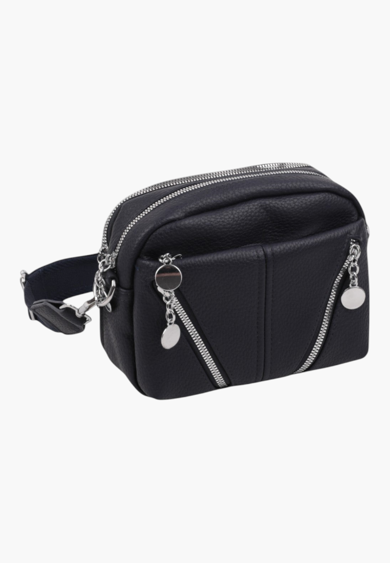 Side view of a black crossbody bag featuring a compact design on a white background.