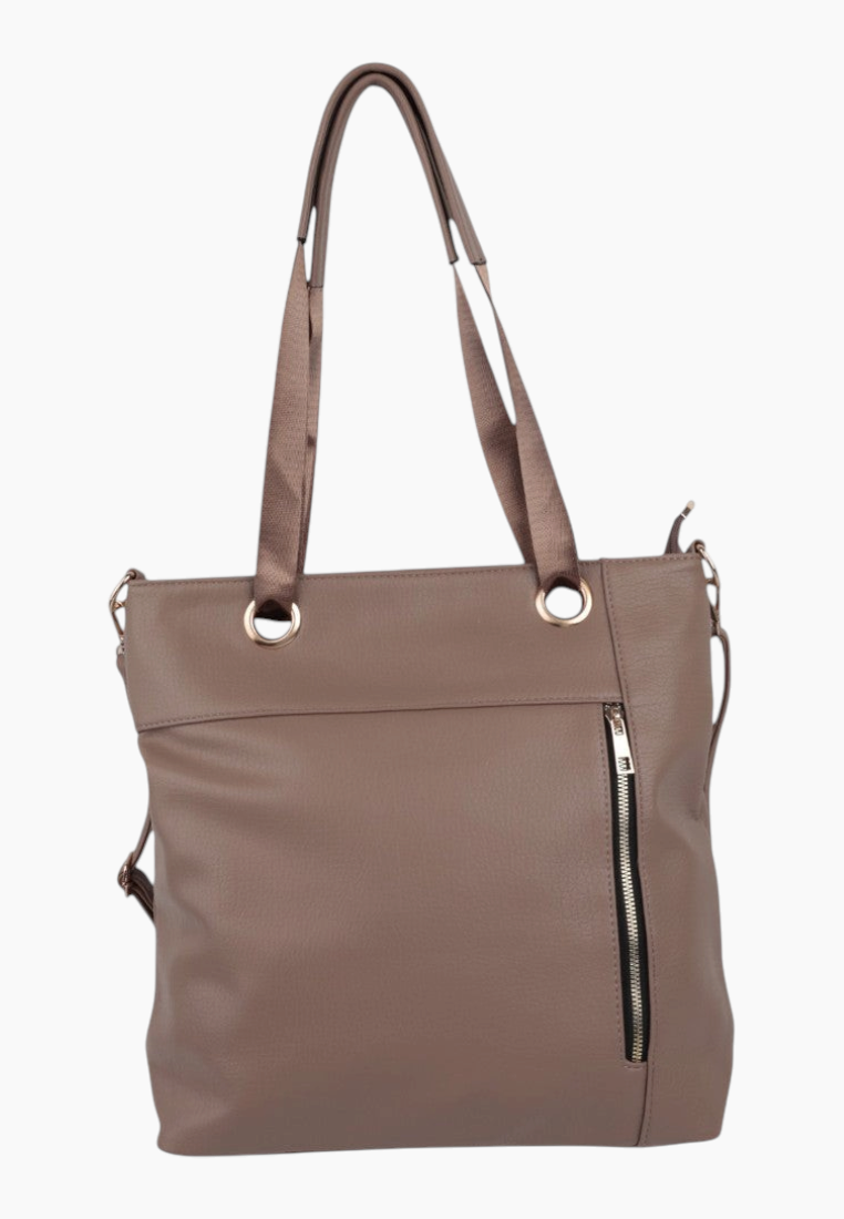 Front view of the brązowa torebka shopper z zamkiem i dwoma uchwytami na białym tle.