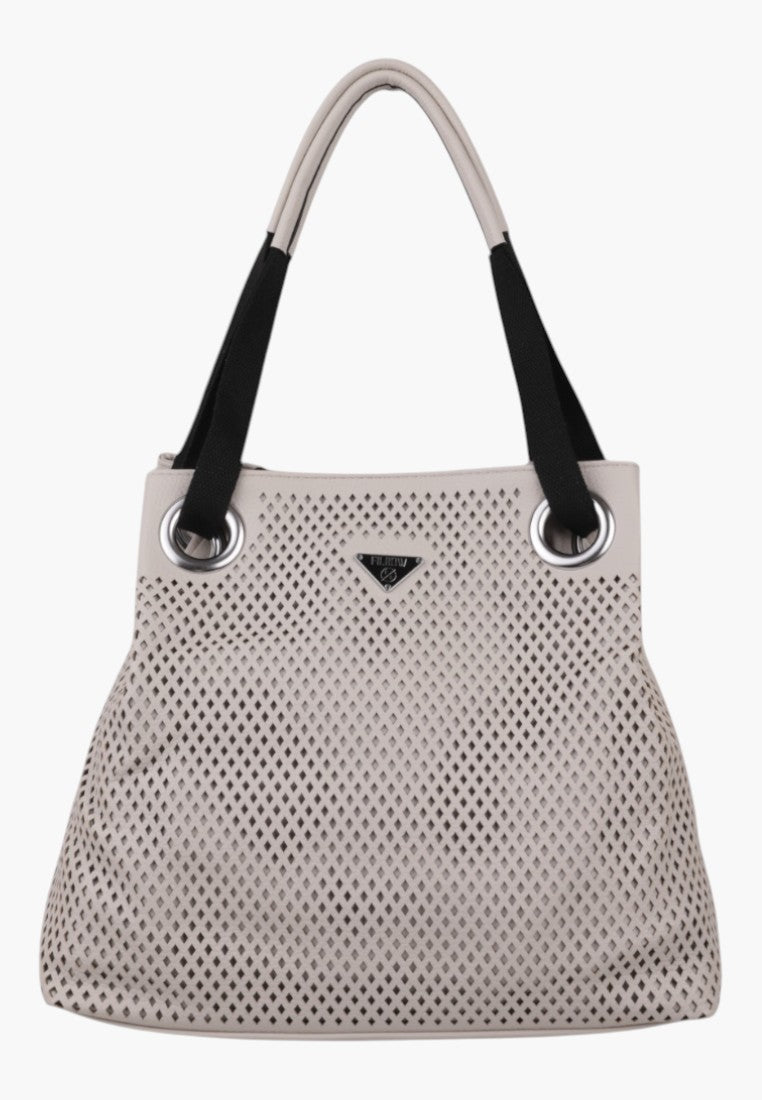 Beige handbag front view with two handles on a white background.