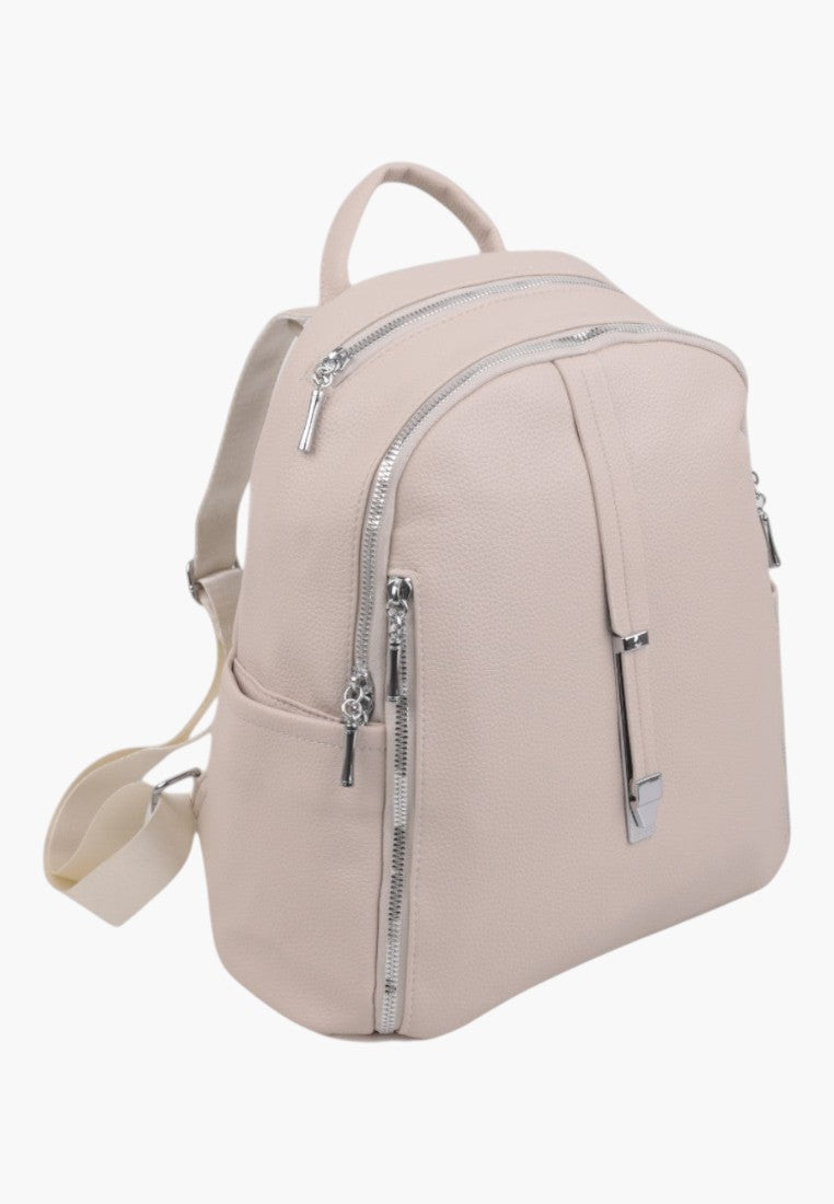 Falio beige urban backpack made of eco-leather with multiple zippered pockets and silver hardware