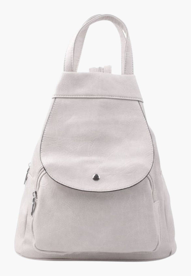 Falio beige faux leather urban backpack with A4 capacity, front flap, and multiple zipper pockets