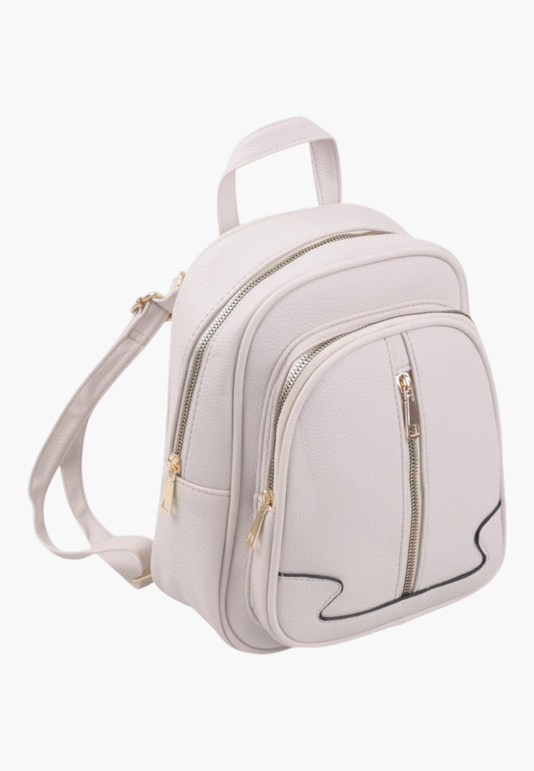 Falio beige faux leather small women's backpack with gold zippers and three compartments for daily urban use.