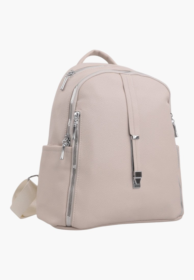 Falio beige faux leather urban backpack with multiple zippered pockets and silver hardware details.