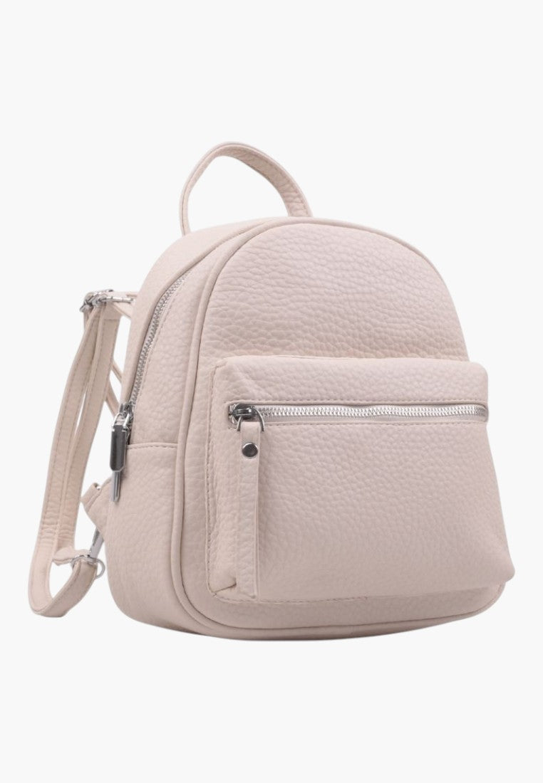 Falio small beige faux leather city backpack with a front zippered pocket and silver hardware