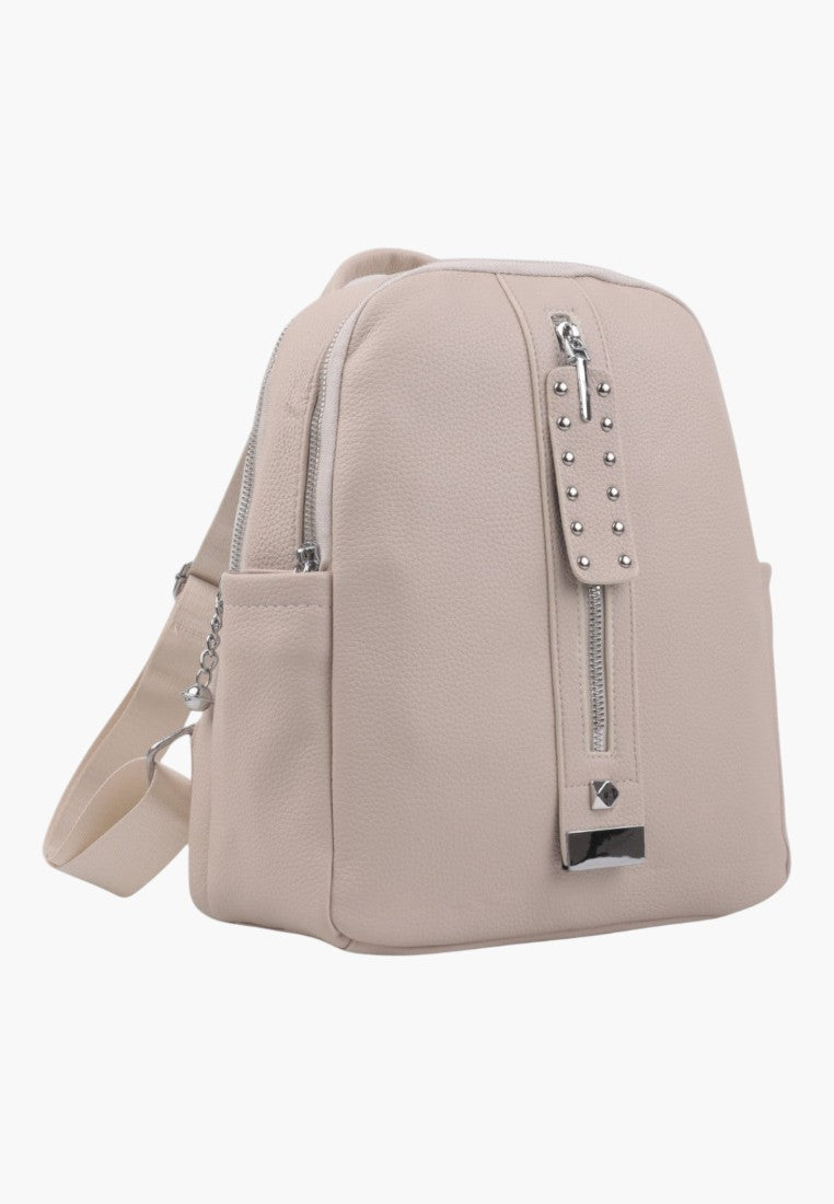 Falio beige faux leather urban backpack with a vertical zippered pocket and silver stud embellishments