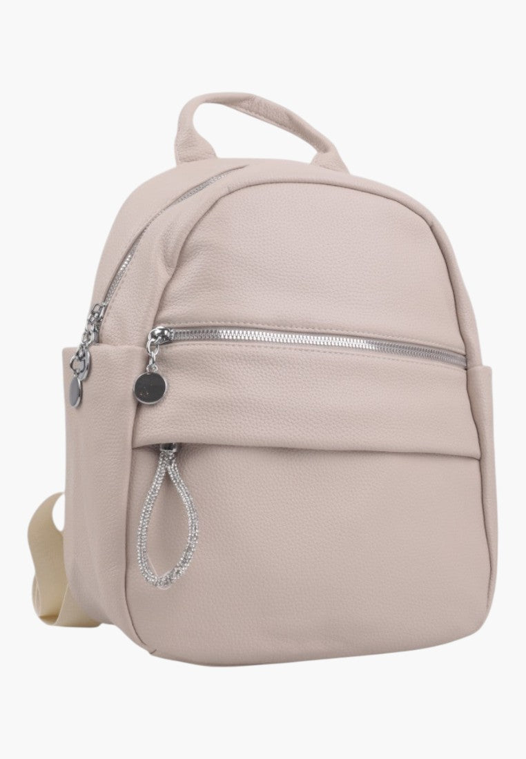 Falio urban women's backpack in beige faux leather with silver zippers and decorative crystal pull tab
