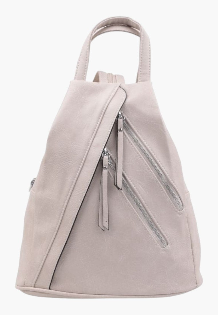 Falio beige faux leather urban backpack with multiple zippered compartments and a spacious A4 design.