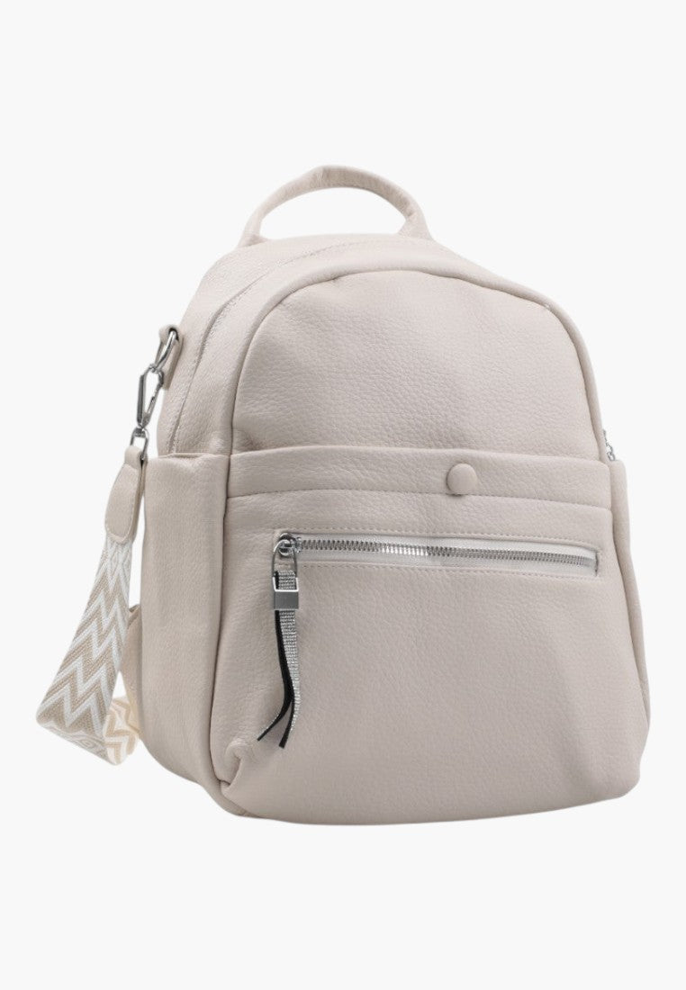 Falio beige faux leather urban backpack with a patterned strap and multiple zippered pockets for daily use