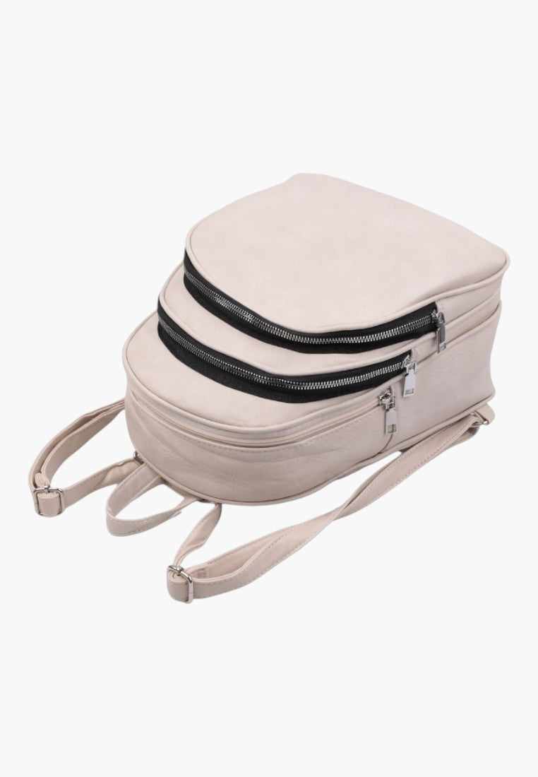 Falio beige faux leather urban backpack with two front zippered compartments and adjustable shoulder straps
