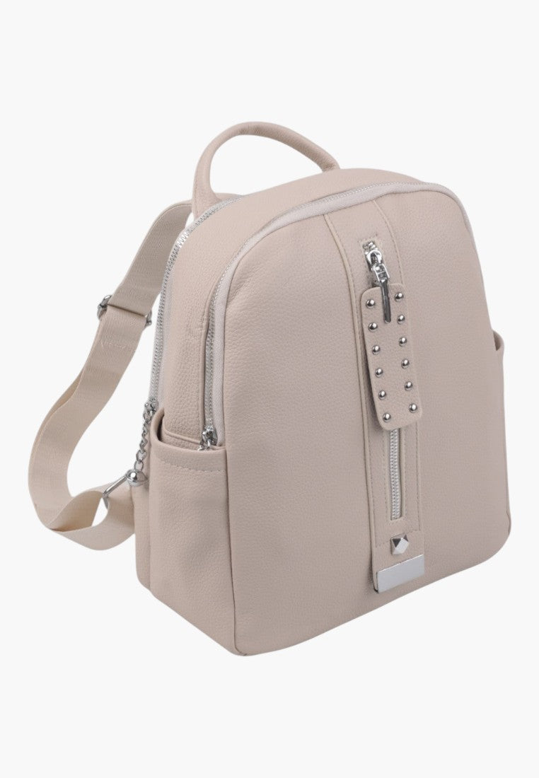 Falio beige faux leather urban backpack with silver stud detailing and zipper closure