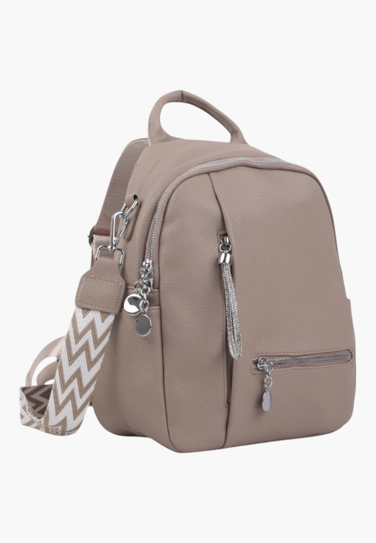Falio beige faux leather urban backpack with a patterned strap and silver zipper details