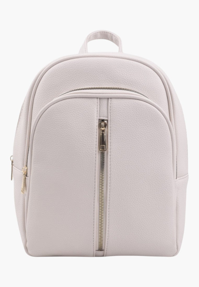 Falio beige faux leather urban backpack with a vertical front zipper pocket and spacious A4 capacity design.